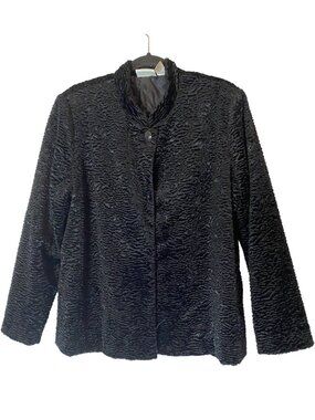 Black Textured Velvet Jacket Mandarin Collar Single Button Closure Size 18